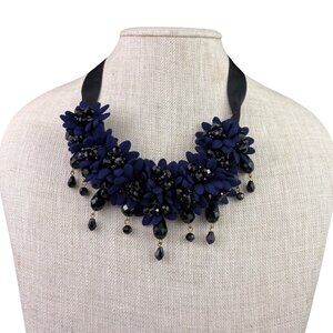 Ann Taylor Womens Gold Tone Black Navy Fabric Floral Statement Necklace
